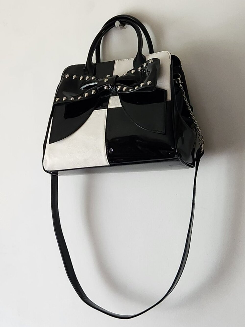 Betsey Johnson tote purse black white bow studded VGUC